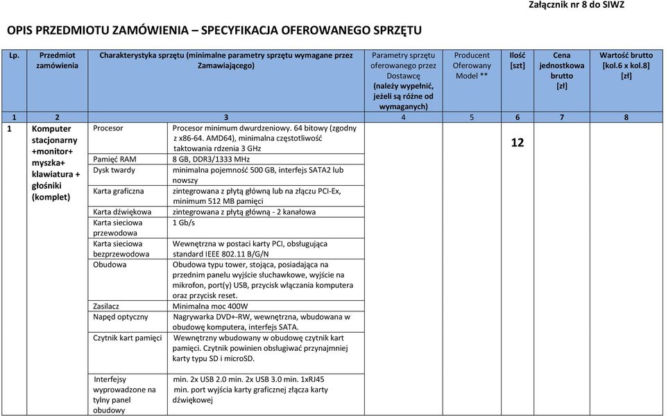 Producent Oferowany Model ** Ilość [szt] Cena jednostkowa brutto [zł] 1 2 3 4 5 6 7 8 1 Komputer Procesor Procesor minimum dwurdzeniowy. 64 bitowy (zgodny stacjonarny z x86-64.