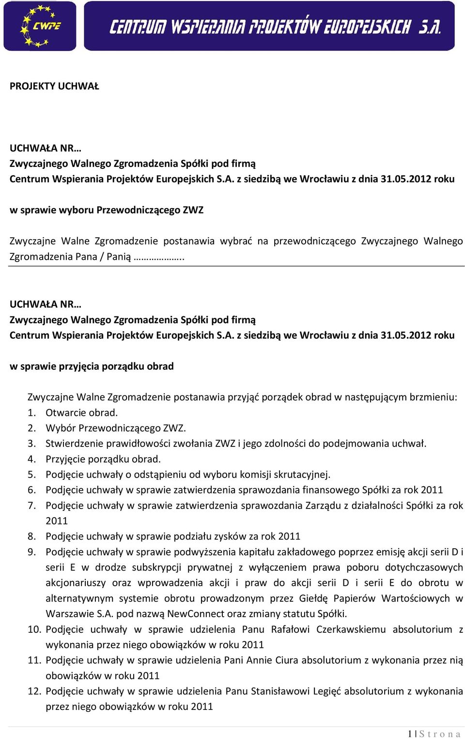 Stwierdzenie prawidłowości zwołania ZWZ i jego zdolności do podejmowania uchwał. 4. Przyjęcie porządku obrad. 5. Podjęcie uchwały o odstąpieniu od wyboru komisji skrutacyjnej. 6.