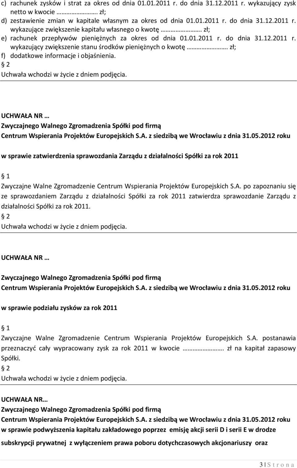 w sprawie zatwierdzenia sprawozdania Zarządu z działalności Spółki za rok 2011 Zwyczajne Walne Zgromadzenie Centrum Wspierania Projektów Europejskich S.A.