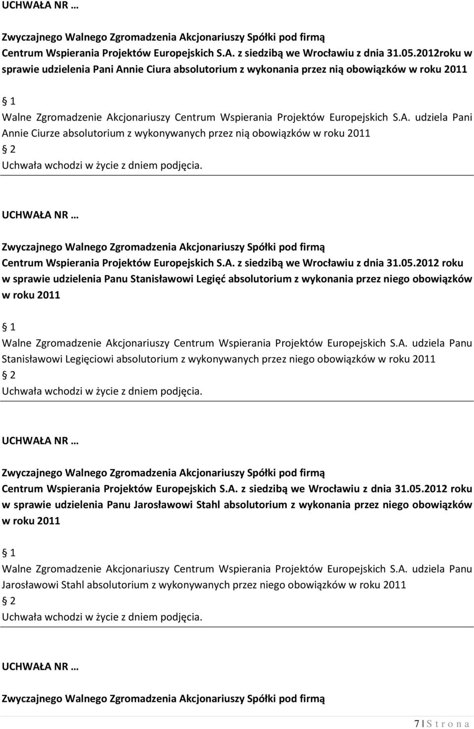 nie Ciura absolutorium z wykonania przez nią obowiązków w roku 2011 Walne Zgromadzenie Ak