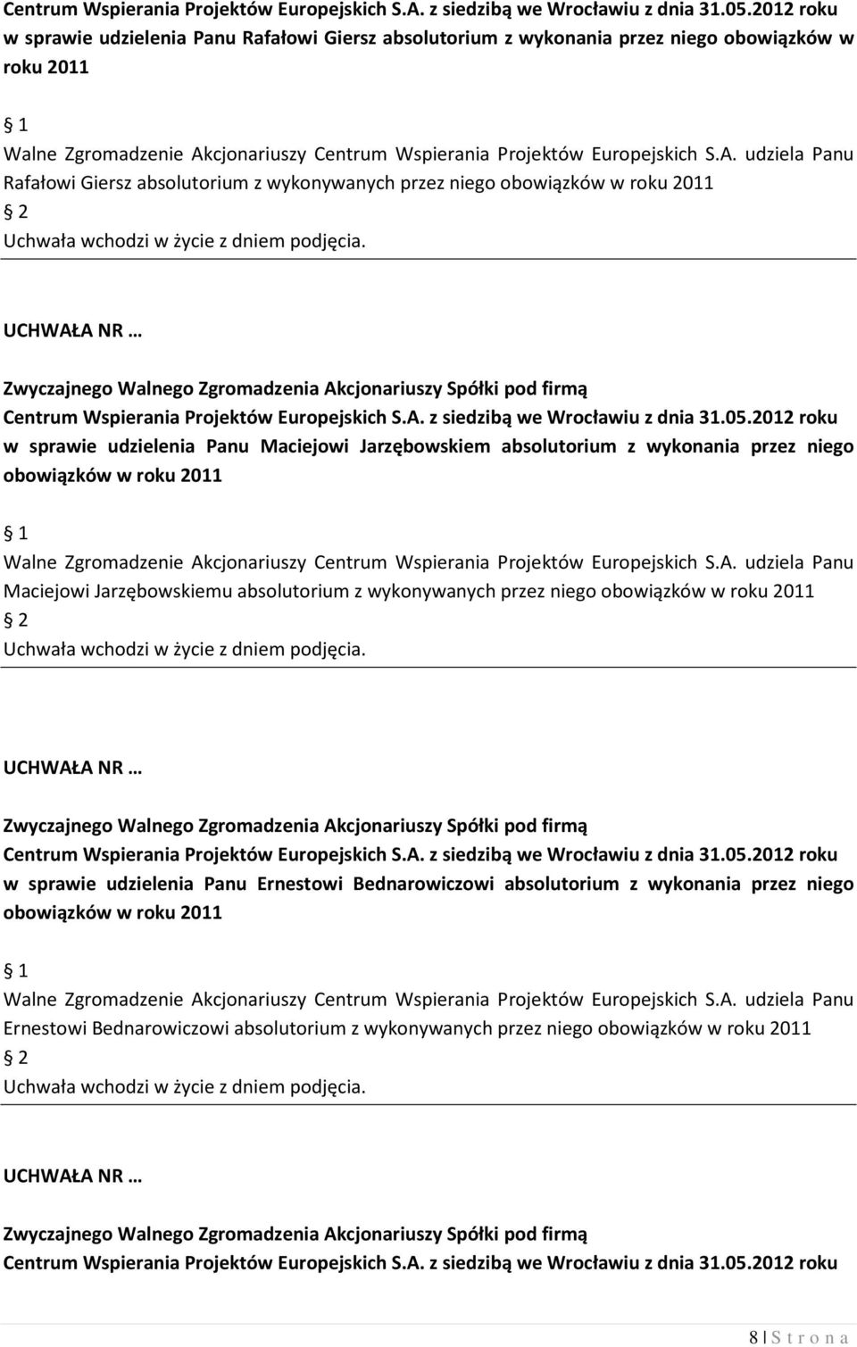 Maciejowi Jarzębowskiemu absolutorium z wykonywanych przez niego obowiązków w roku 2011 w sprawie udzielenia Panu Ernestowi Bednarowiczowi