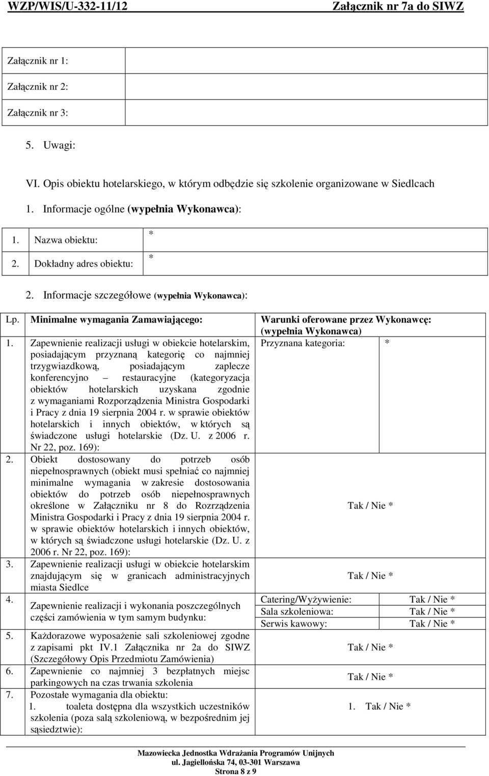 wymaganiami Rozporządzenia Ministra Gospodarki i Pracy z dnia 19 sierpnia 2004 r. w sprawie obiektów hotelarskich i innych obiektów, w których są świadczone usługi hotelarskie (Dz. U. z 2006 r.