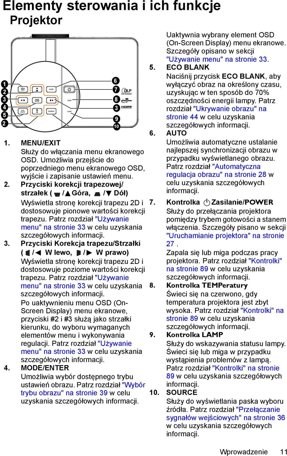 Patrz rozdział "Używanie menu" na stronie 33 w celu uzyskania szczegółowych informacji. 3. Przyciski Korekcja trapezu/strzałki ( / W lewo, / W prawo) Wyświetla stronę korekcji trapezu 2D i dostosowuje poziome wartości korekcji trapezu.