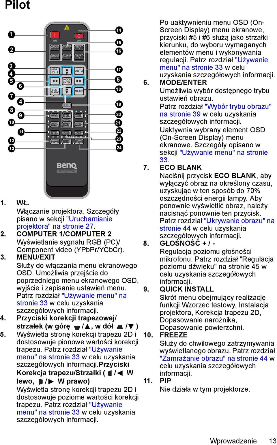 Patrz rozdział "Używanie menu" na stronie 33 w celu uzyskania szczegółowych informacji. 4. Przyciski korekcji trapezowej/ strzałek (w górę /, w dół / ) 5.