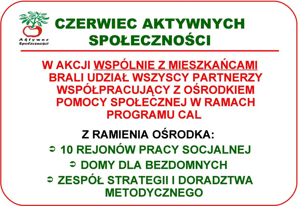 SPOŁECZNEJ W RAMACH PROGRAMU CAL Z RAMIENIA OŚRODKA: 10 REJONÓW