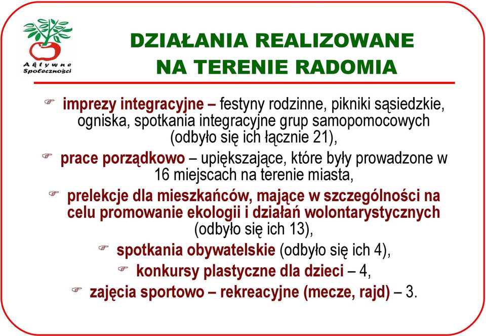 na terenie miasta, prelekcje dla mieszkańców, mające w szczególności na celu promowanie ekologii i działań wolontarystycznych