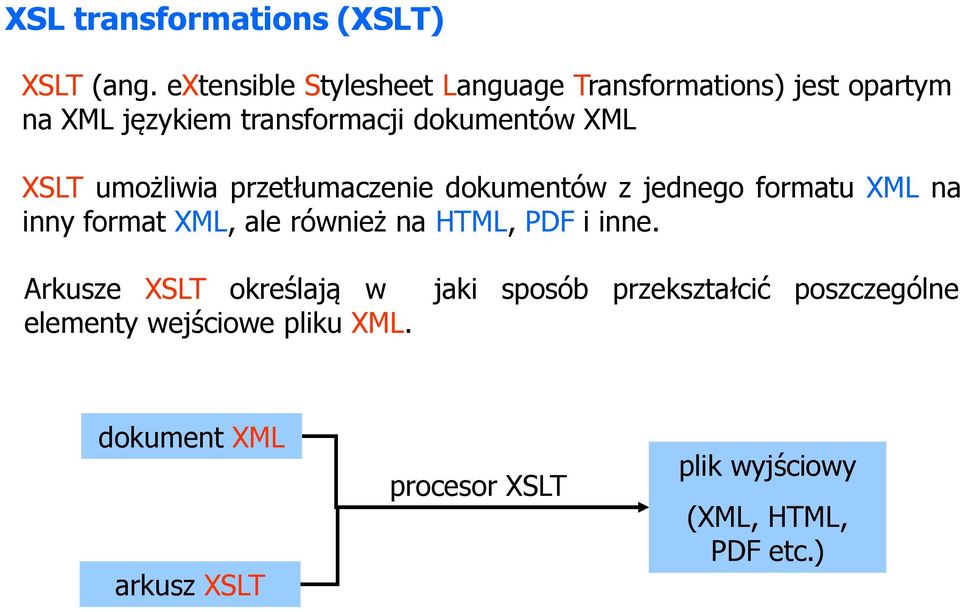 XSLT umożliwia przetłumaczenie dokumentów z jednego formatu XML na inny format XML, ale również na HTML,