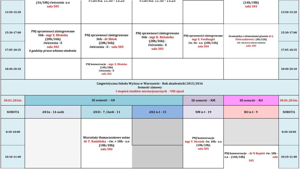 Voellnagel ćw. 36 - z.o (28h/32h) 12h +6h praca własna studenta - sala 303 4 godziny praca własna studenta - mgr. E.