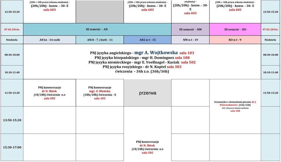 Niedziela AN1n - 14 osób AN3t - 7 /An4t - 11 AN2 n-t - 15 NM n-t - 19 RO n-t - 9 Niedziela PNJ języka angielskiego - mgr A.