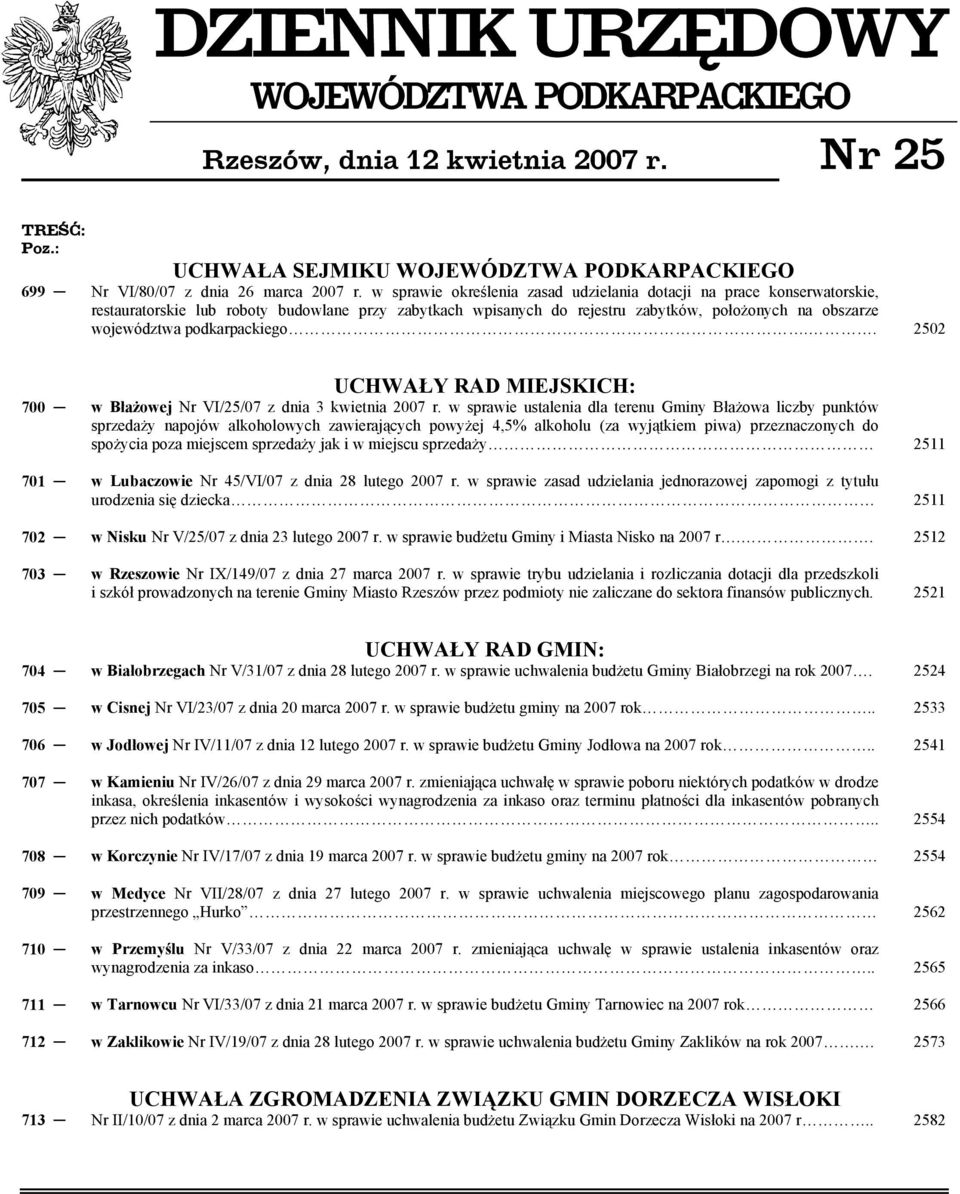 podkarpackiego.. 2502 UCHWAŁY RAD MIEJSKICH: 700 w Błażowej Nr VI/25/07 z dnia 3 kwietnia 2007 r.