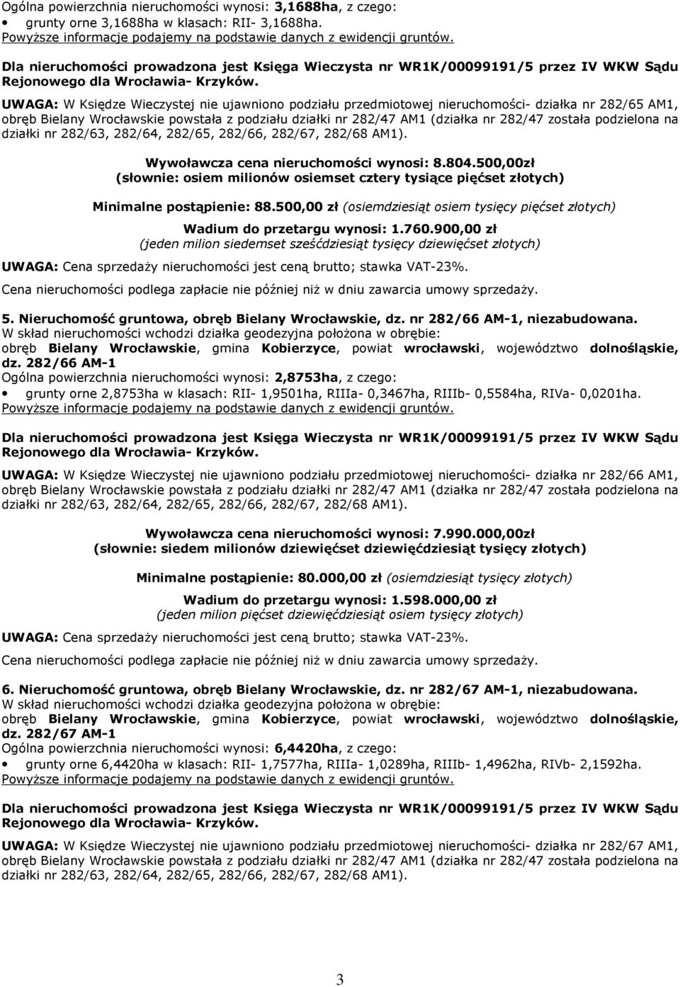 podzielona na działki nr 282/63, 282/64, 282/65, 282/66, 282/67, 282/68 AM1). Wywoławcza cena nieruchomości wynosi: 8.804.