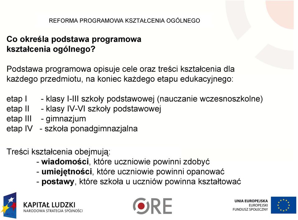 I-III szkoły podstawowej (nauczanie wczesnoszkolne) etap II - klasy IV-VI szkoły podstawowej etap III - gimnazjum etap IV - szkoła