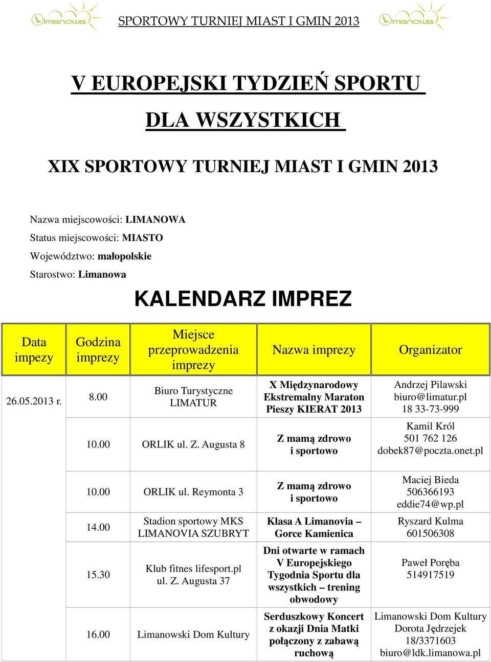 00 Biuro Turystyczne LIMATUR X Międzynarodowy Ekstremalny Maraton Pieszy KIERAT 2013 Andrzej Pilawski biuro@limatur.pl 18 33-73-999 ORLIK ul. Z.