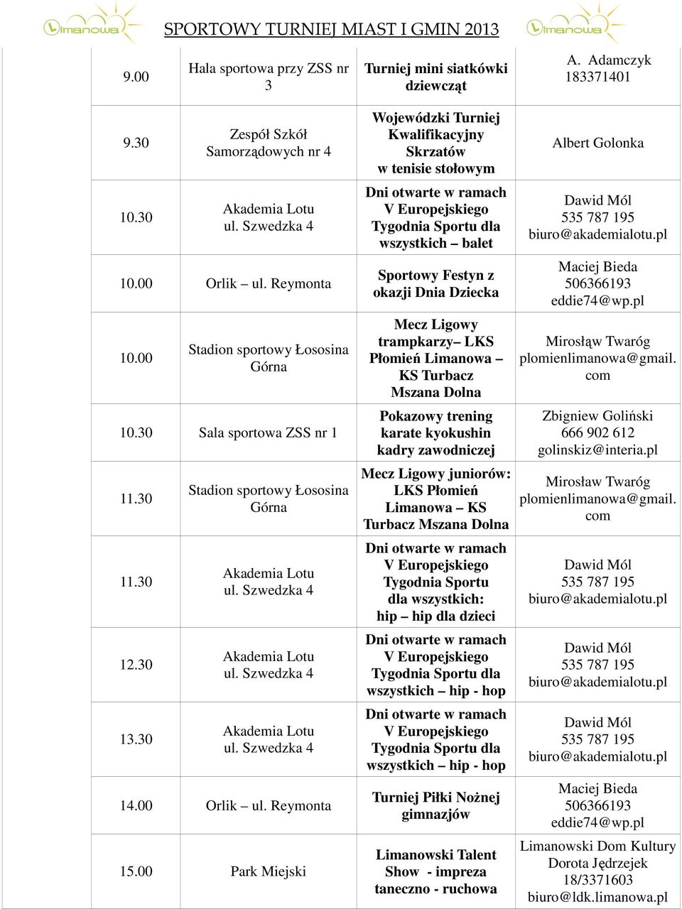 00 Park Miejski Wojewódzki Turniej Kwalifikacyjny Skrzatów w tenisie stołowym wszystkich balet Sportowy Festyn z okazji Dnia Dziecka Mecz Ligowy trampkarzy LKS Płomień Limanowa KS Turbacz Mszana