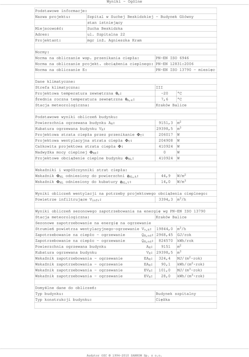 obciąŝenia cieplnego: PN-EN 12831:2006 Norma na obliczanie E: PN-EN ISO 13790 - miesięc Dane klimatyczne: Strefa klimatyczna: III Projektowa temperatura zewnętrzna θe: -20 C Średnia roczna