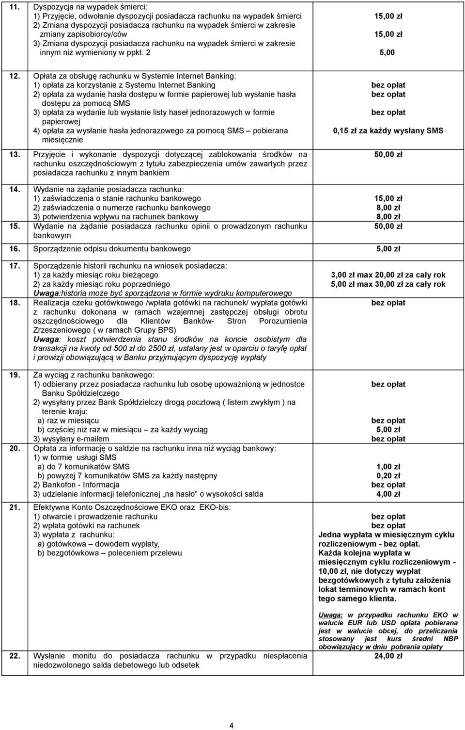 Opłata za obsługę rachunku w Systemie Internet Banking: 1) opłata za korzystanie z Systemu Internet Banking 2) opłata za wydanie hasła dostępu w formie papierowej lub wysłanie hasła dostępu za pomocą