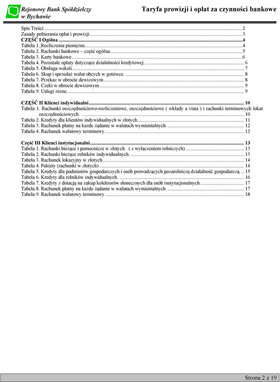 Czeki w obrocie dewizowym... 9 Tabela 9. Usługi różne.... 9 CZĘŚĆ II Klienci indywidualni... 10 Tabela 1.