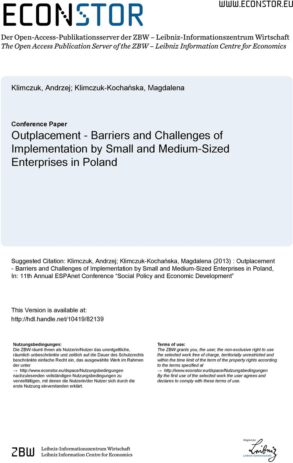 eu Der Open-Access-Publikationsserver der ZBW Leibniz-Informationszentrum Wirtschaft The Open Access Publication Server of the ZBW Leibniz Information Centre for Economics Klimczuk, Andrzej;