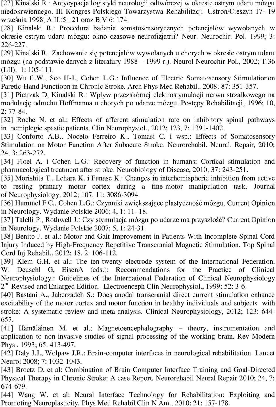 [29] Kinalski R.: Zachowanie się potencjałów wywołanych u chorych w okresie ostrym udaru mózgu (na podstawie danych z literatury 1988 1999 r.). Neurol Neurochir Pol., 2002; T.36 (LII), 1: 105-111.