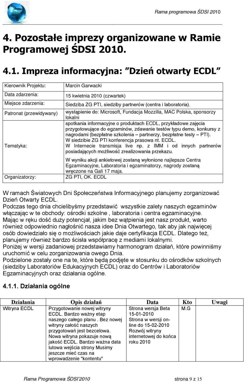 wystąpienie do: Microsoft, Fundacja Mozzilla, MAC Polska, sponsorzy lokalni spotkania informacyjne o produktach, przykładowe zajęcia przygotowujące do egzaminów, zdawanie testów typu demo, konkursy z