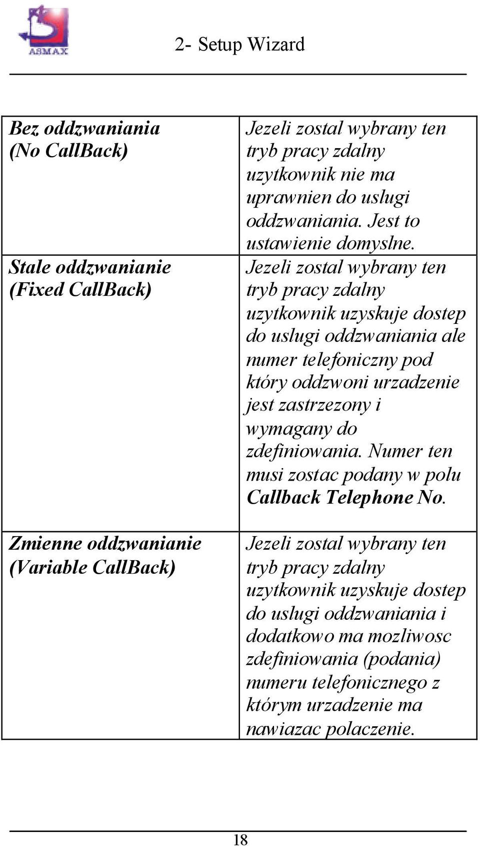 Jezeli zostal wybrany ten tryb pracy zdalny uzytkownik uzyskuje dostep do uslugi oddzwaniania ale numer telefoniczny pod który oddzwoni urzadzenie jest zastrzezony i