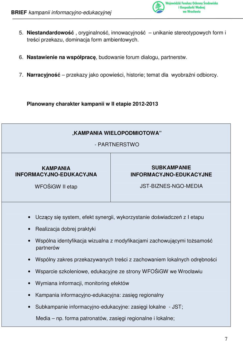 Planowany charakter kampanii w II etapie 2012-2013 KAMPANIA WIELOPODMIOTOWA - PARTNERSTWO KAMPANIA INFORMACYJNO-EDUKACYJNA WFOŚiGW II etap SUBKAMPANIE INFORMACYJNO-EDUKACYJNE JST-BIZNES-NGO-MEDIA