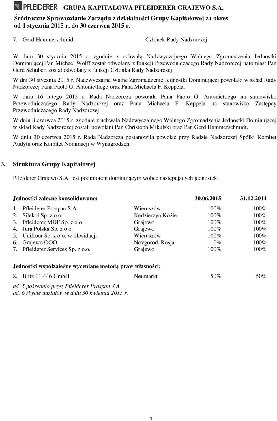 funkcji Członka Rady Nadzorczej. W dni 30 stycznia 2015 r. Nadzwyczajne Walne Zgromadzenie Jednostki Dominującej powołało w skład Rady Nadzorczej Pana Paolo G. Antoniettiego oraz Pana Michaela F.