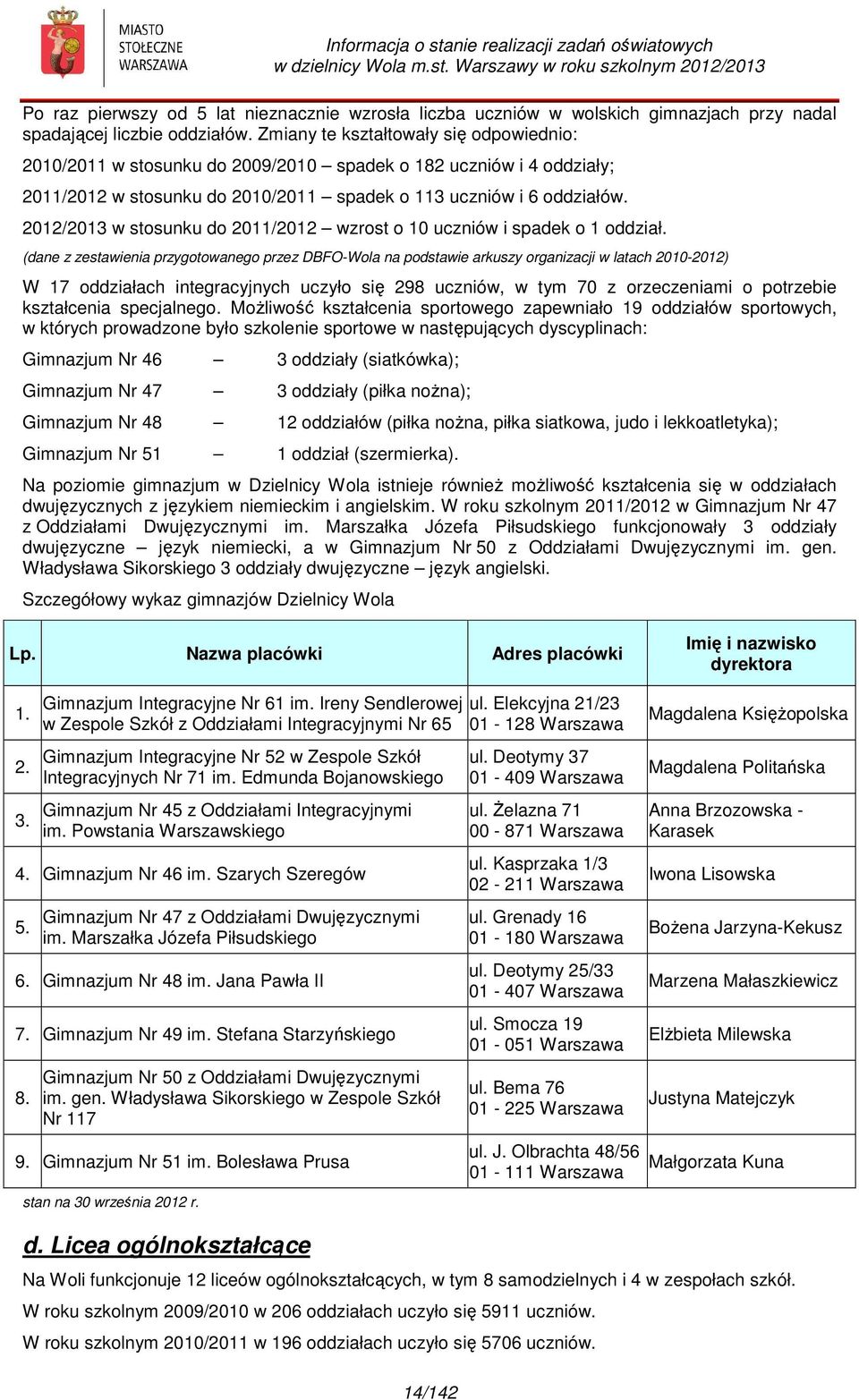 2012/2013 w stosunku do 2011/2012 wzrost o 10 uczniów i spadek o 1 oddział.