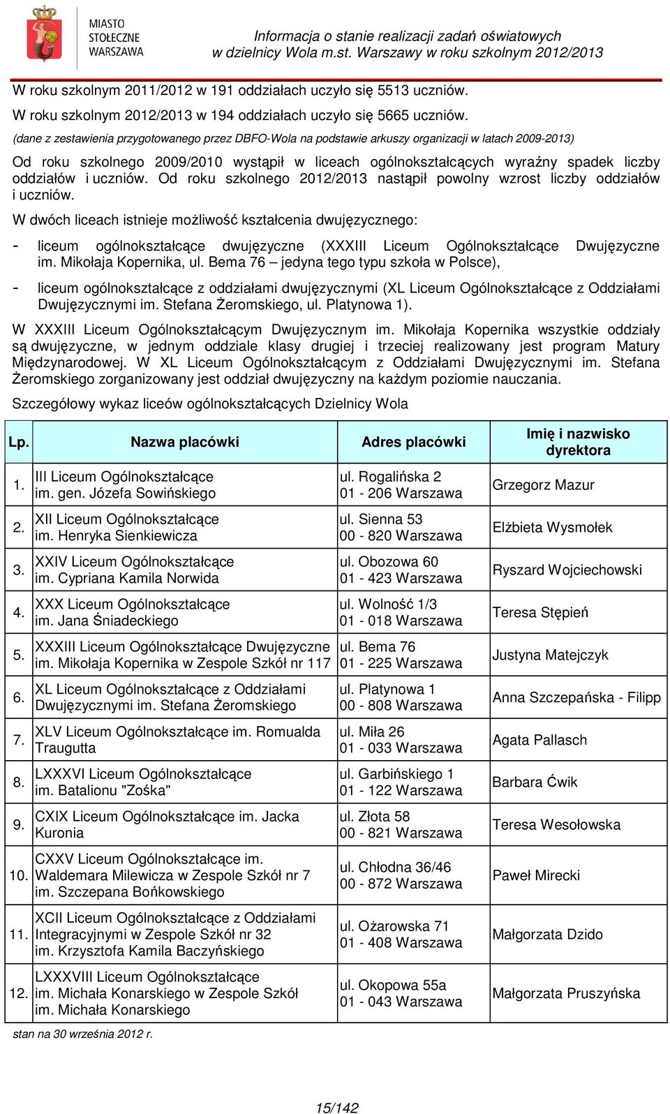 oddziałów i uczniów. Od roku szkolnego 2012/2013 nastąpił powolny wzrost liczby oddziałów i uczniów.