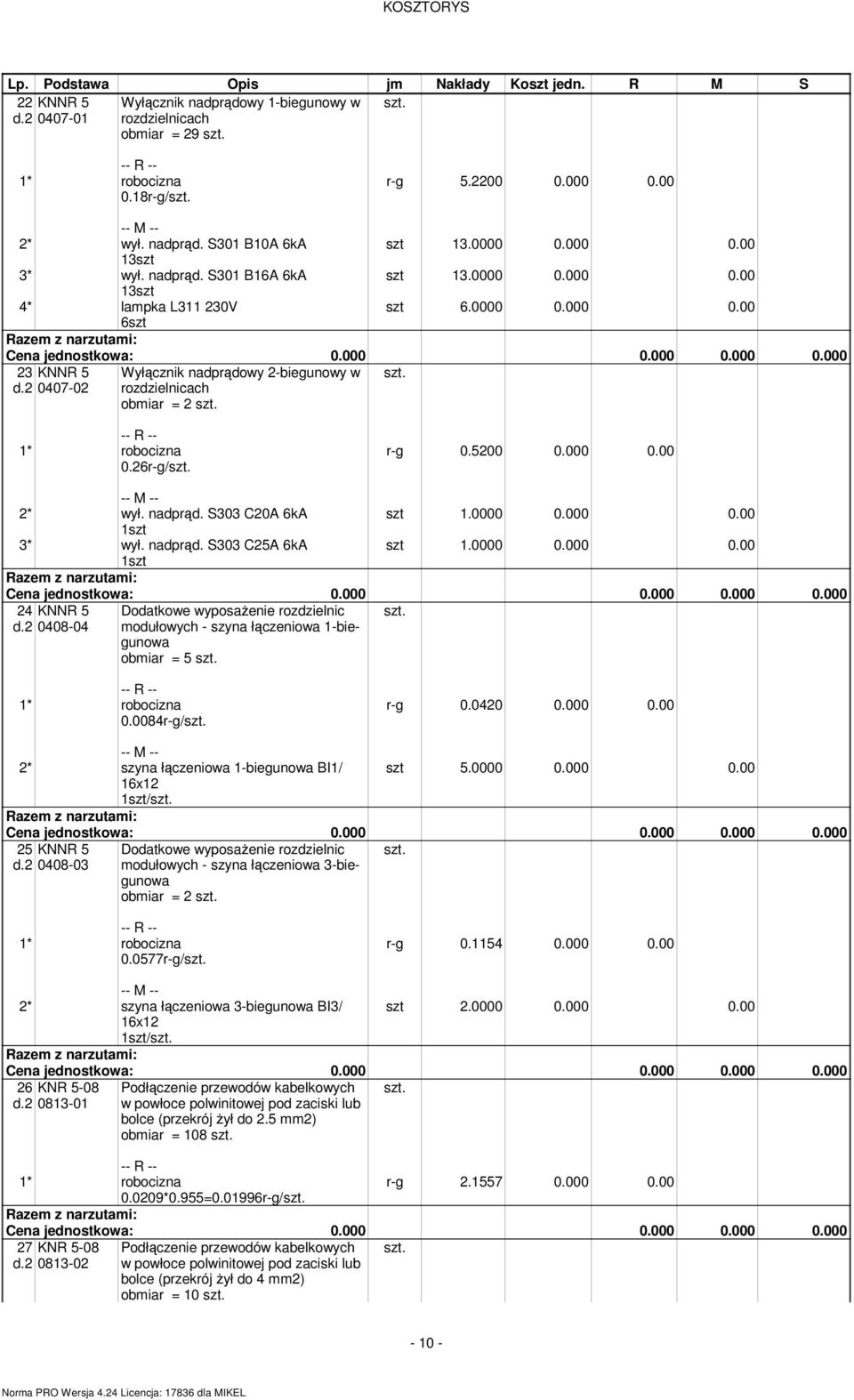 nadprąd. S303 C25A 6kA 1szt szt 1.0000 0.000 0.00 szt 1.0000 0.000 0.00 24 KNNR 5 d.2 0408-04 Dodatkowe wyposaŝenie rozdzielnic odułowych - szyna łączeniowa 1-biegunowa obiar = 5 0.0084r-g/ r-g 0.