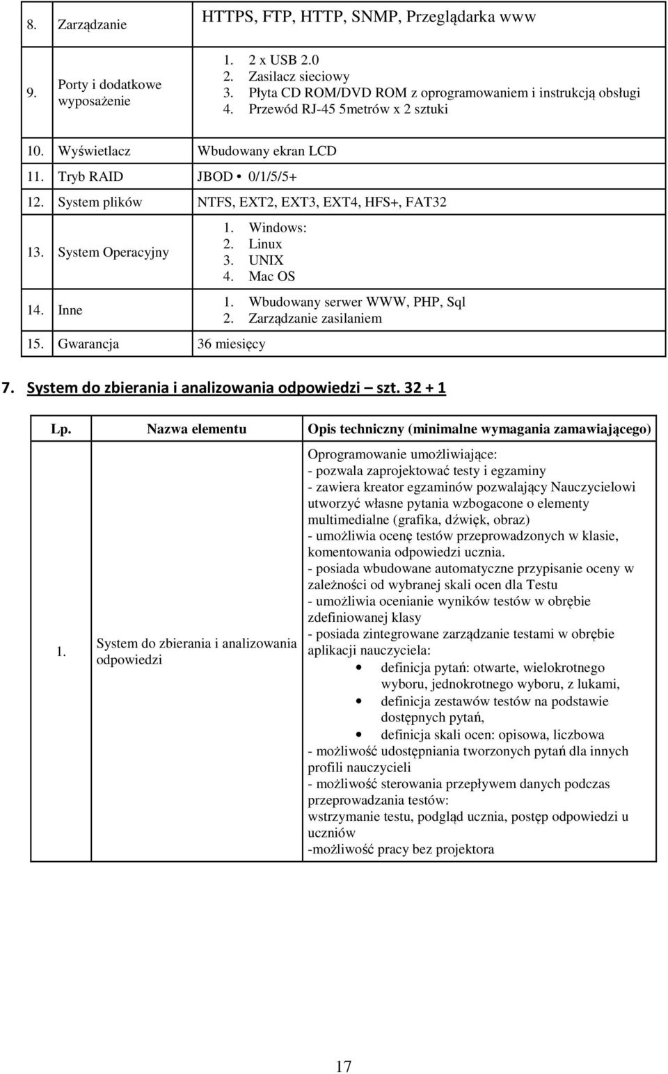 Linux 3. UNIX 4. Mac OS 15. Gwarancja 36 miesięcy 1. Wbudowany serwer WWW, PHP, Sql 2. Zarządzanie zasilaniem 7. System do zbierania i analizowania odpowiedzi szt. 32 + 1 1.