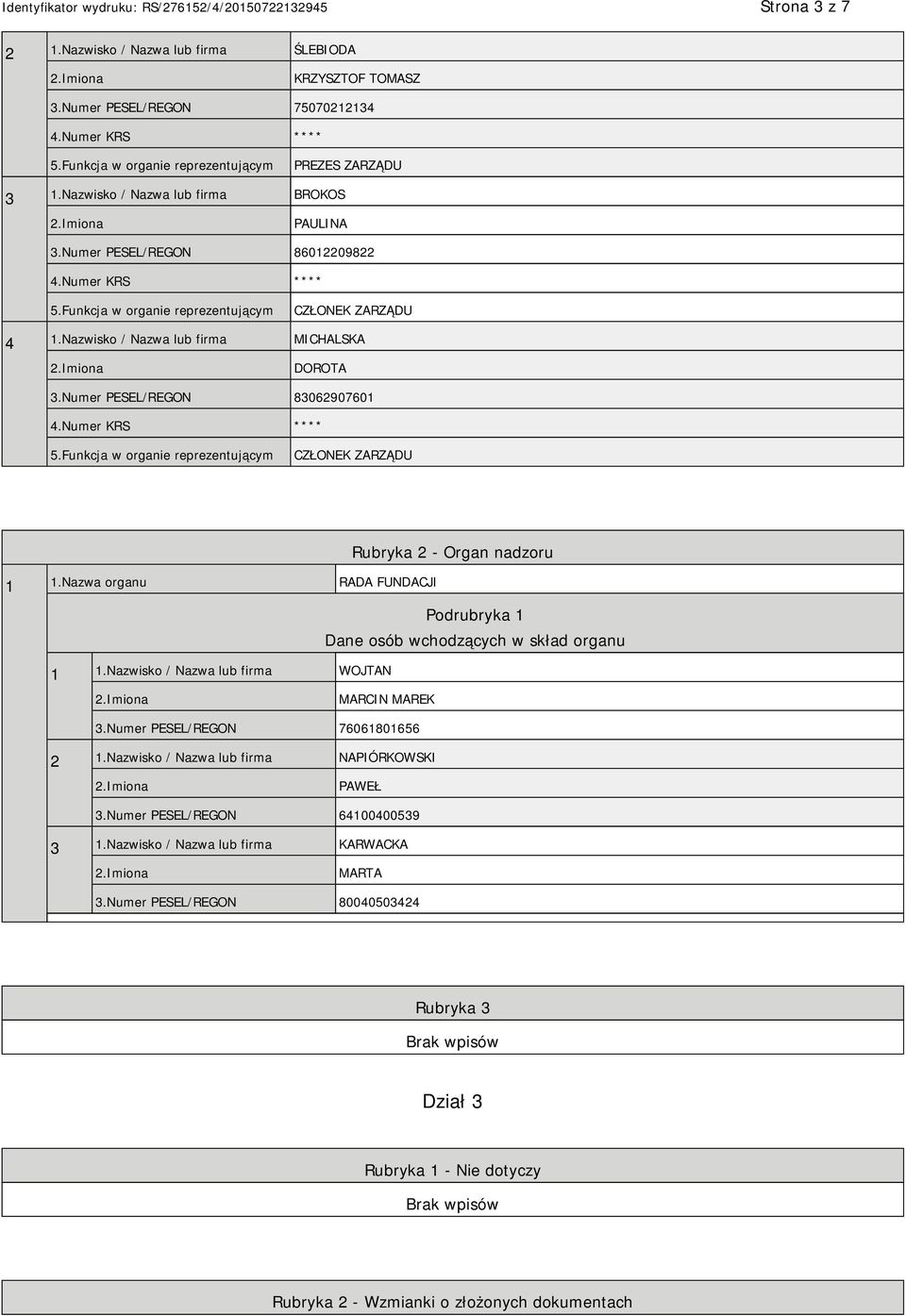 Nazwa organu RADA FUNDACJI Podrubryka 1 Dane osób wchodzących w skład organu 1 1.Nazwisko / Nazwa lub firma WOJTAN MARCIN MAREK 3.Numer PESEL/REGON 76061801656 2 1.