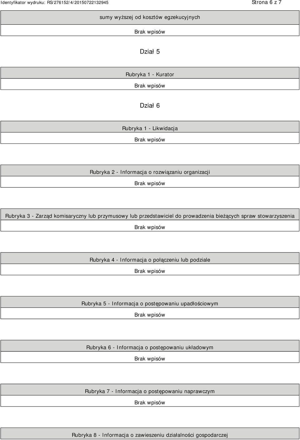 stowarzyszenia Rubryka 4 - Informacja o połączeniu lub podziale Rubryka 5 - Informacja o postępowaniu upadłościowym Rubryka 6 -
