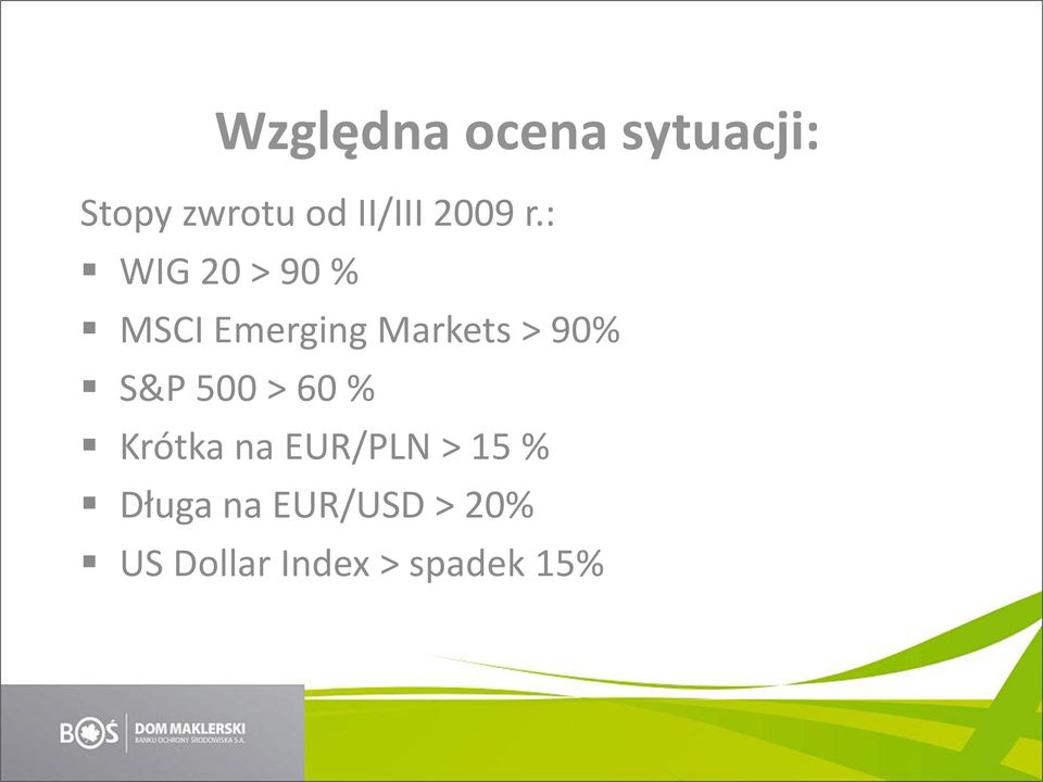 : WIG 20 > 90 % MSCI Emerging Markets > 90% S&P