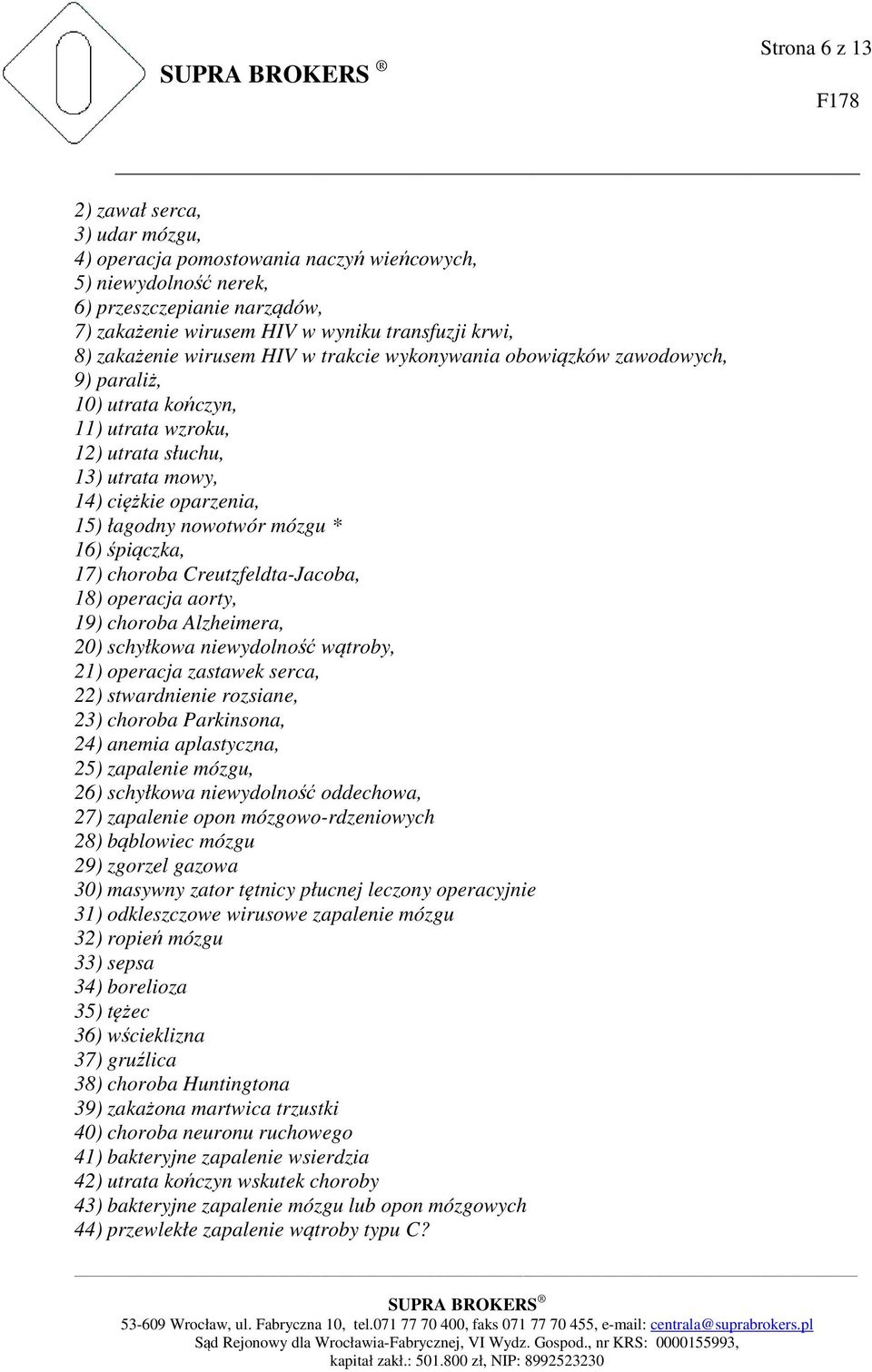 mózgu * 16) śpiączka, 17) choroba Creutzfeldta-Jacoba, 18) operacja aorty, 19) choroba Alzheimera, 20) schyłkowa niewydolność wątroby, 21) operacja zastawek serca, 22) stwardnienie rozsiane, 23)