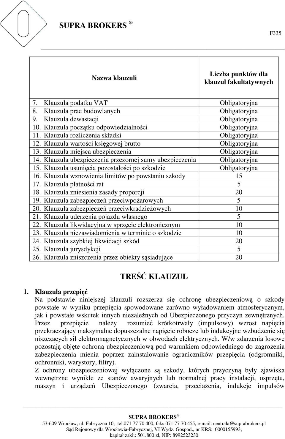 Klauzula miejsca ubezpieczenia Obligatoryjna 14. Klauzula ubezpieczenia przezornej sumy ubezpieczenia Obligatoryjna 15. Klauzula usunięcia pozostałości po szkodzie Obligatoryjna 16.