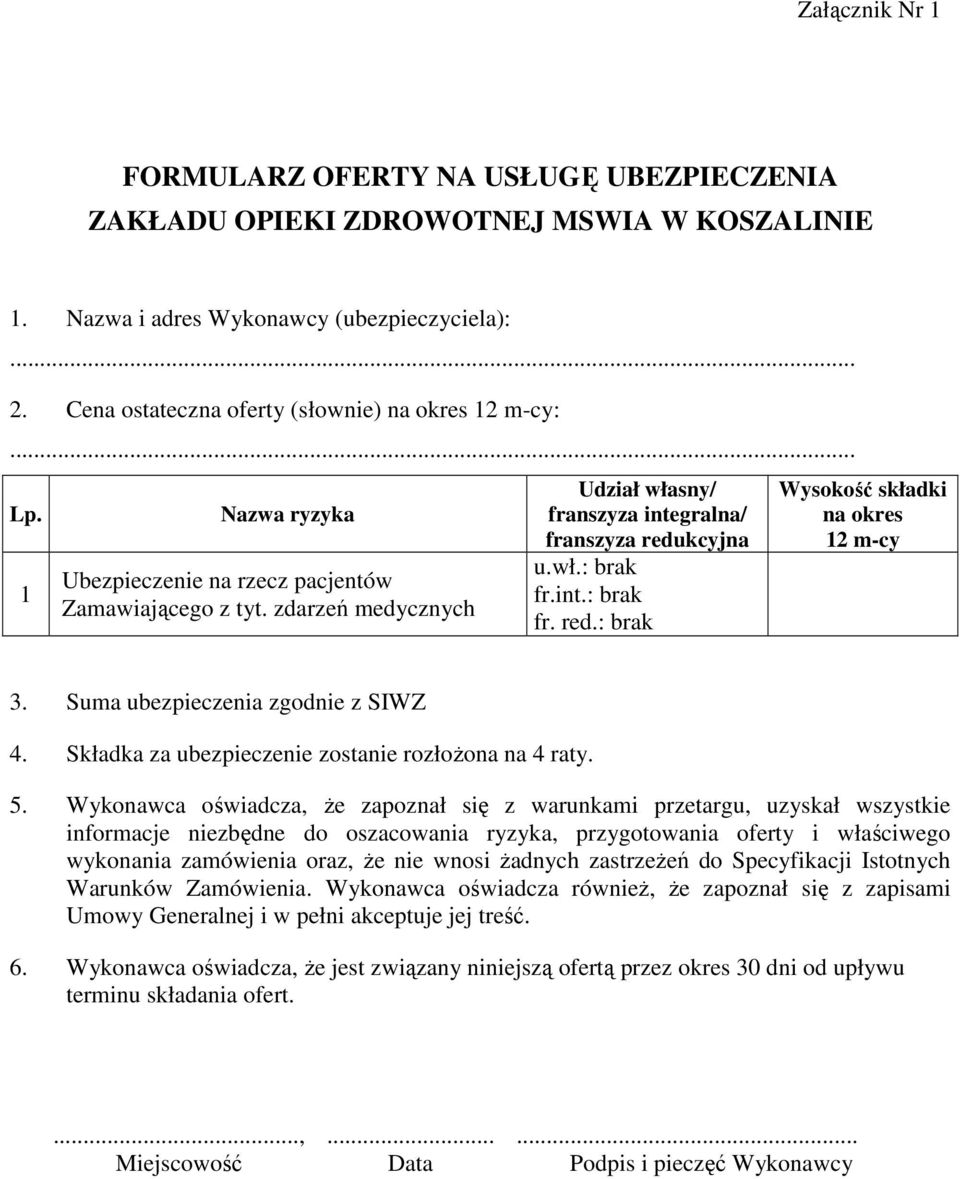 zdarzeń medycznych Udział własny/ franszyza integralna/ franszyza redukcyjna u.wł.: brak fr.int.: brak fr. red.: brak Wysokość składki na okres 12 m-cy 3. Suma ubezpieczenia zgodnie z SIWZ 4.