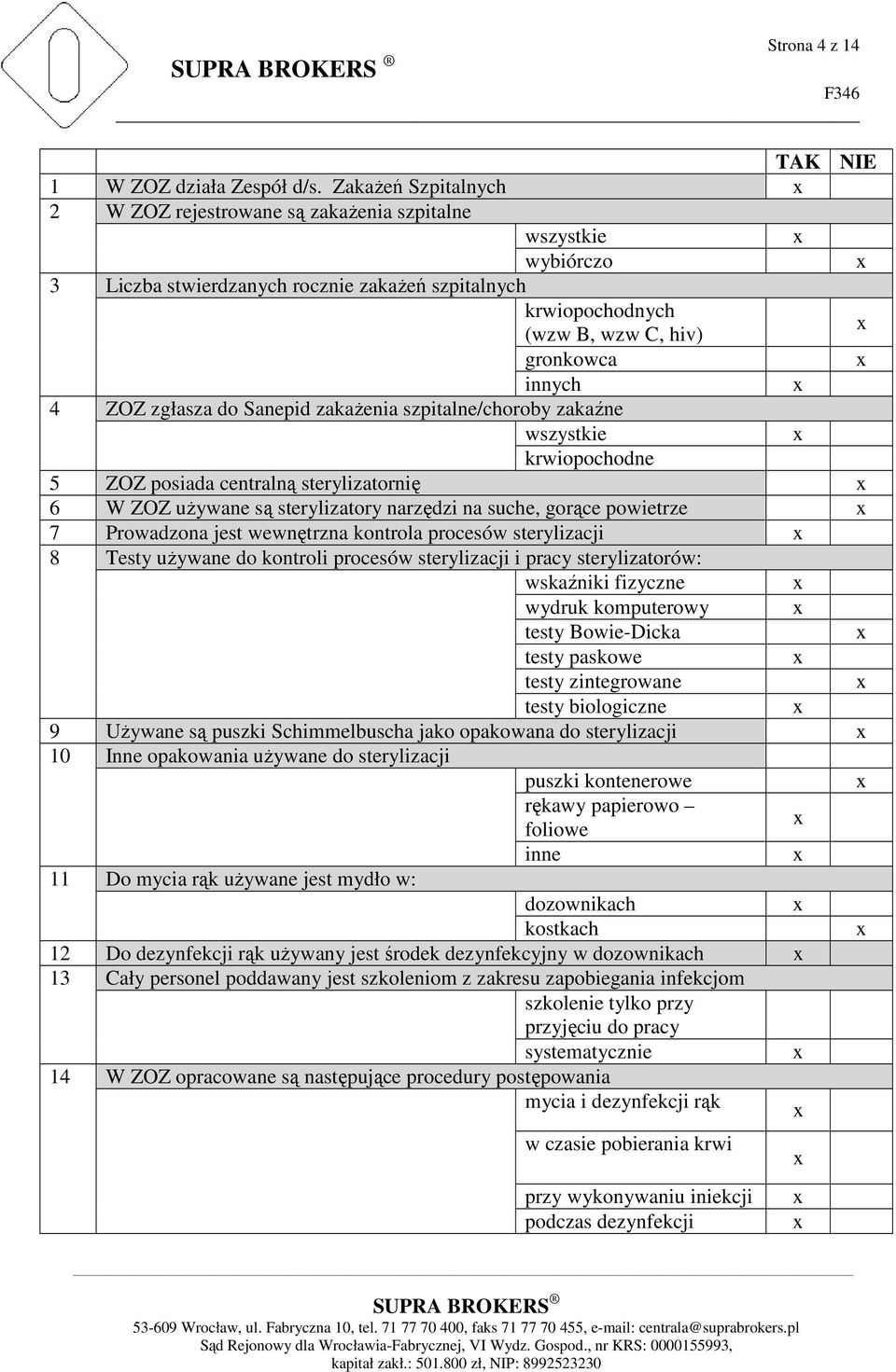 zgłasza do Sanepid zakażenia szpitalne/choroby zakaźne wszystkie krwiopochodne 5 ZOZ posiada centralną sterylizatornię 6 W ZOZ używane są sterylizatory narzędzi na suche, gorące powietrze 7