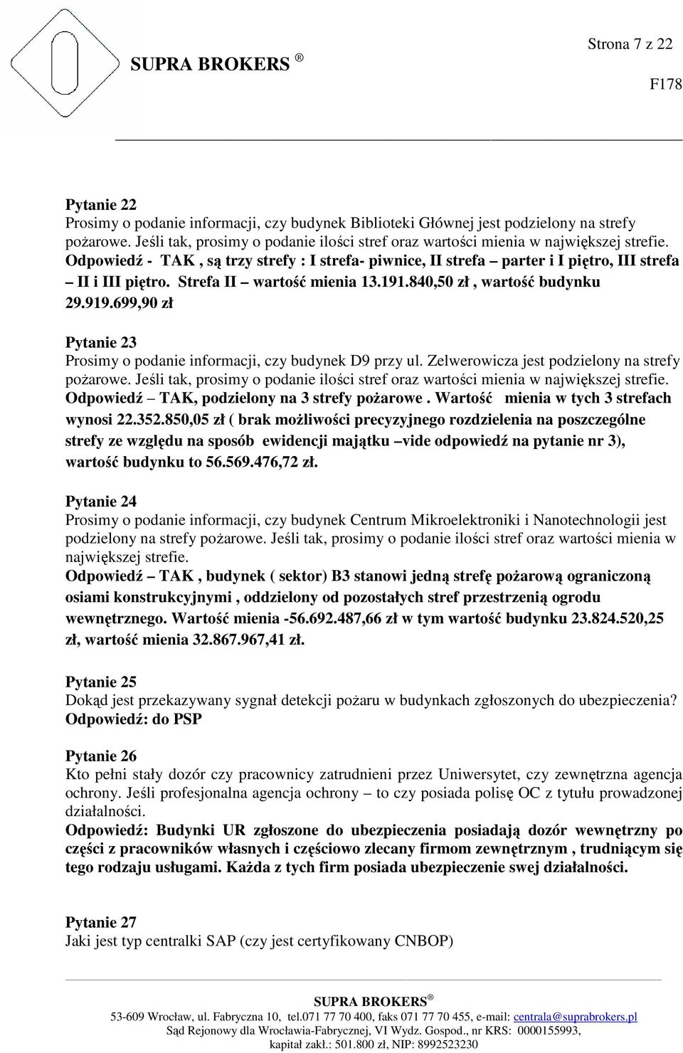 Strefa II wartość mienia 13.191.840,50 zł, wartość budynku 29.919.699,90 zł Pytanie 23 Prosimy o podanie informacji, czy budynek D9 przy ul. Zelwerowicza jest podzielony na strefy pożarowe.