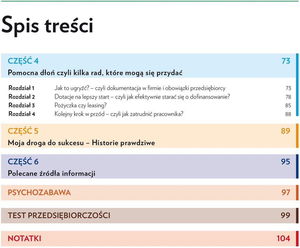 się o dofinansowanie? 78 Rozdział 3 Pożyczka czy leasing? 85 Rozdział 4 Kolejny krok w przód czyli jak zatrudnić pracownika?