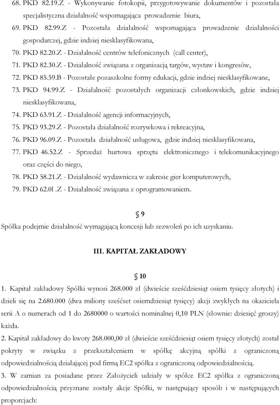 Z - Działalność związana z organizacją targów, wystaw i kongresów, 72. PKD 85.59.B - Pozostałe pozaszkolne formy edukacji, gdzie indziej niesklasyfikowane, 73. PKD 94.99.