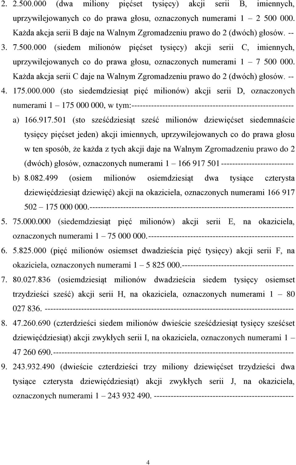 000 (siedem milionów pięćset tysięcy) akcji serii C, imiennych, uprzywilejowanych co do prawa głosu, oznaczonych numerami 1 7 500 000.