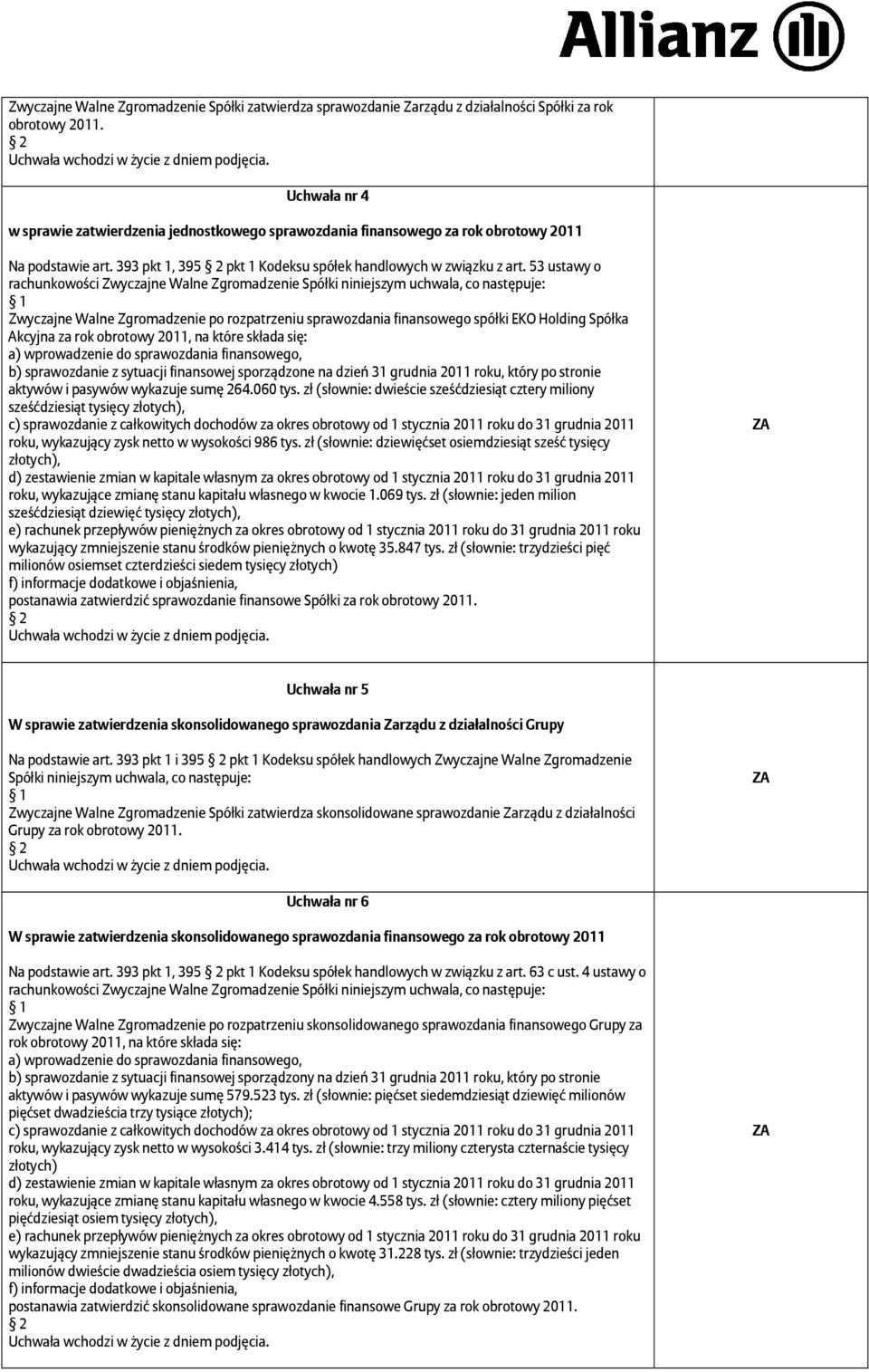 53 ustawy o rachunkowości Zwyczajne Walne Zwyczajne Walne Zgromadzenie po rozpatrzeniu sprawozdania finansowego spółki EKO Holding Spółka Akcyjna za rok obrotowy 2011, na które składa się: a)