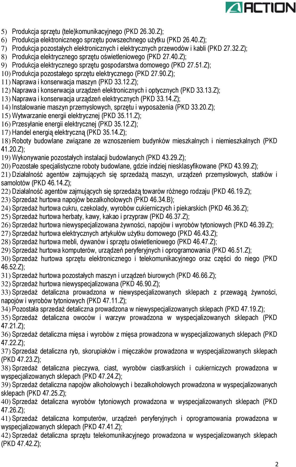 Z); 9) Produkcja elektrycznego sprzętu gospodarstwa domowego (PKD 27.51.Z); 10) Produkcja pozostałego sprzętu elektrycznego (PKD 27.90.Z); 11) Naprawa i konserwacja maszyn (PKD 33.12.