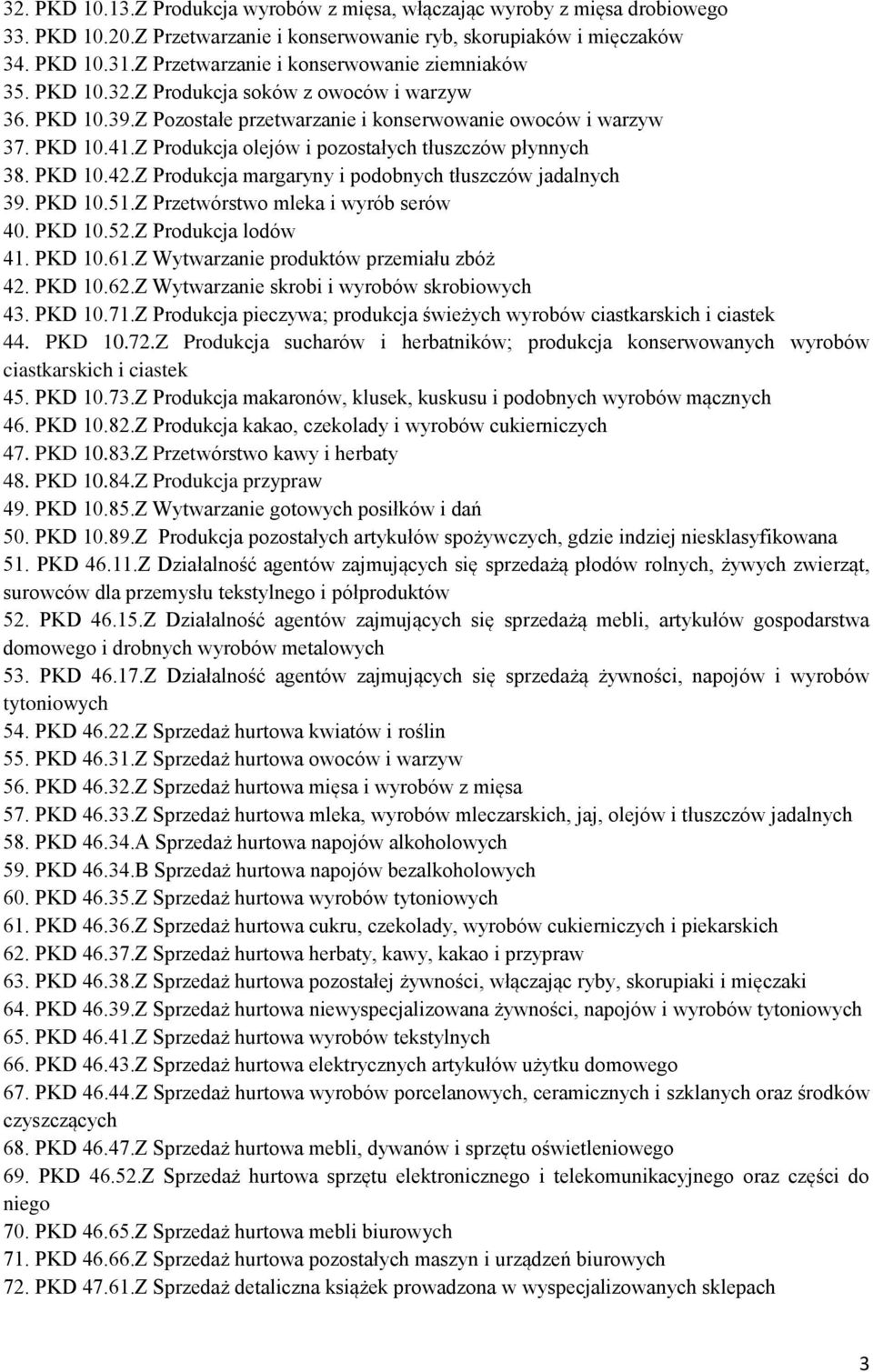 Z Produkcja olejów i pozostałych tłuszczów płynnych 38. PKD 10.42.Z Produkcja margaryny i podobnych tłuszczów jadalnych 39. PKD 10.51.Z Przetwórstwo mleka i wyrób serów 40. PKD 10.52.