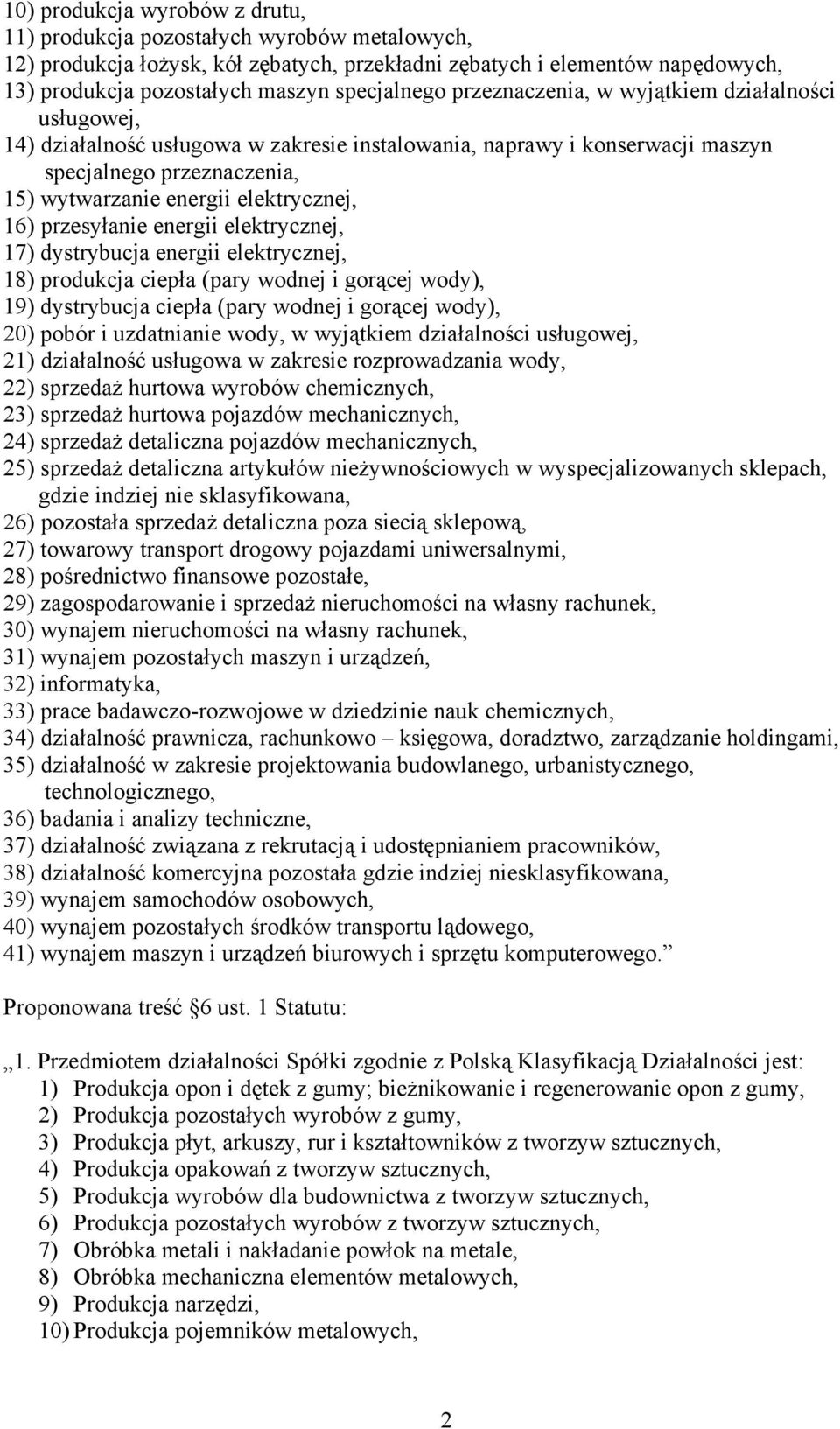 elektrycznej, 16) przesyłanie energii elektrycznej, 17) dystrybucja energii elektrycznej, 18) produkcja ciepła (pary wodnej i gorącej wody), 19) dystrybucja ciepła (pary wodnej i gorącej wody), 20)