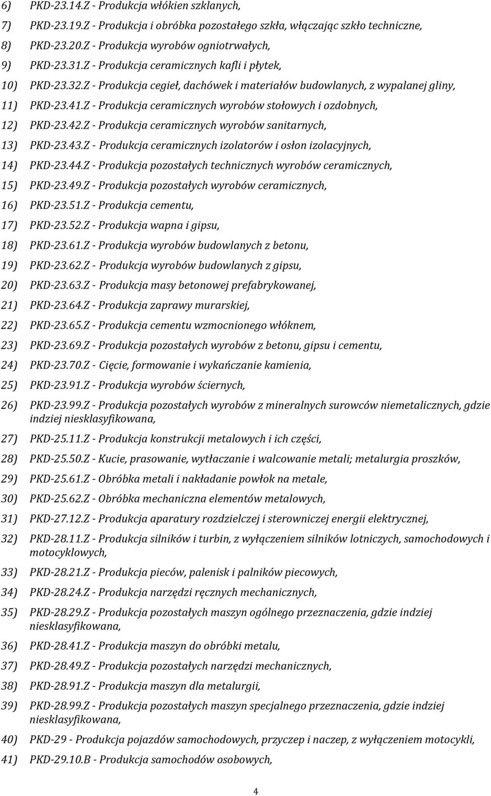 Z - Produkcja ceramicznych wyrobów stołowych i ozdobnych, 12) PKD-23.42.Z - Produkcja ceramicznych wyrobów sanitarnych, 13) PKD-23.43.