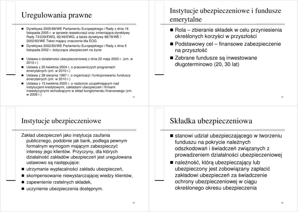 Dyrektywa 2002/83/WE Parlamentu Europejskiego i Rady z dnia 5 listopada 2002 r. dotycząca ubezpieczeń na życie Ustawa o działalności ubezpieczeniowej z dnia 22 maja 2003 r. (zm. w 2010 r.