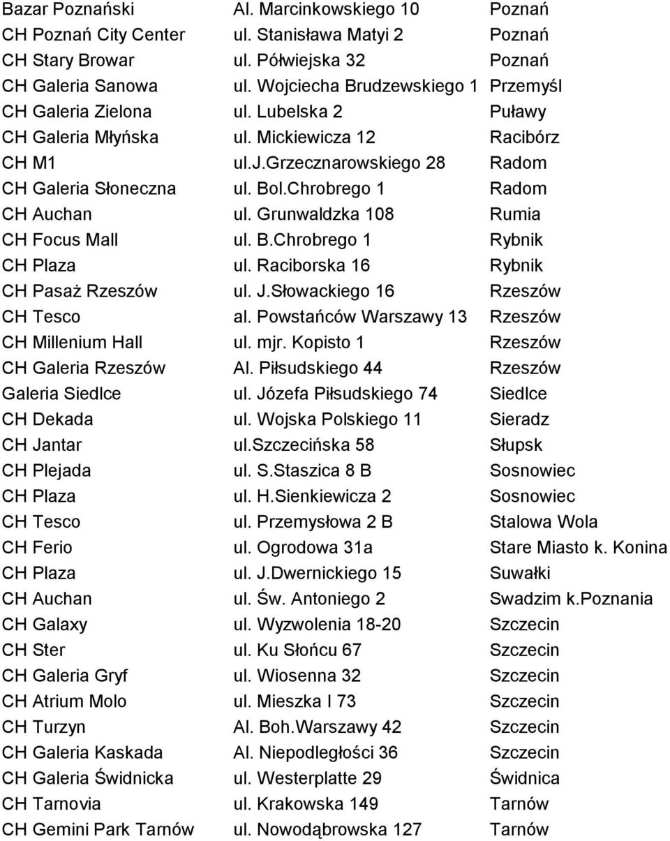 Chrobrego 1 Radom CH Auchan ul. Grunwaldzka 108 Rumia CH Focus Mall ul. B.Chrobrego 1 Rybnik CH Plaza ul. Raciborska 16 Rybnik CH Pasaż Rzeszów ul. J.Słowackiego 16 Rzeszów CH Tesco al.