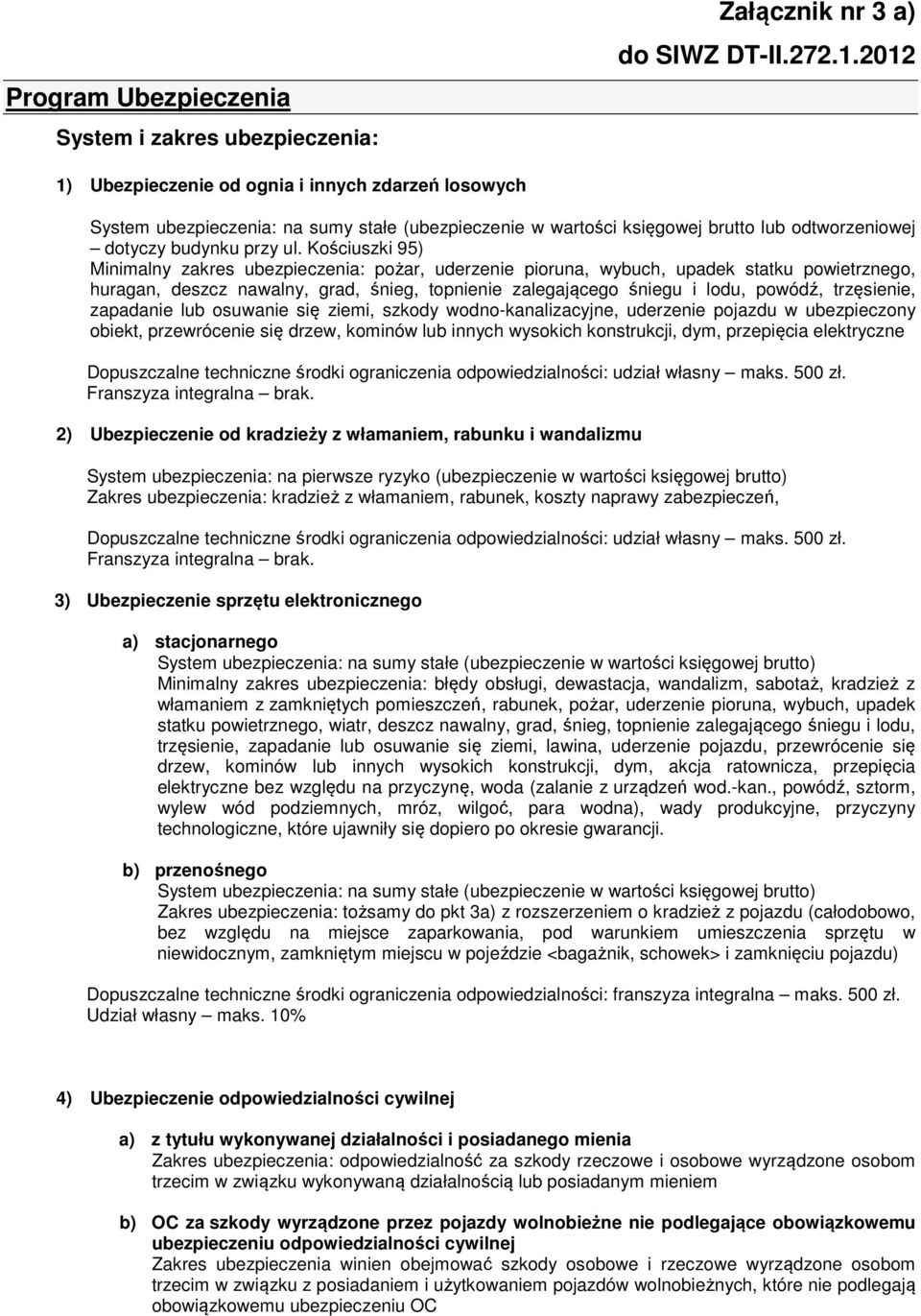 Kościuszki 95) Minimalny zakres ubezpieczenia: pożar, uderzenie pioruna, wybuch, upadek statku powietrznego, huragan, deszcz nawalny, grad, śnieg, topnienie zalegającego śniegu i lodu, powódź,